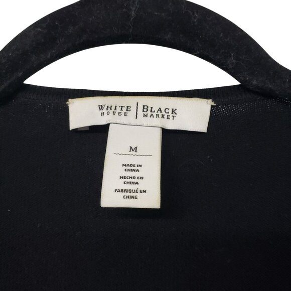 White House Black Market Black Rib Knit Cardigan Sweater V Neck Silver Detail M - Picture 2 of 9
